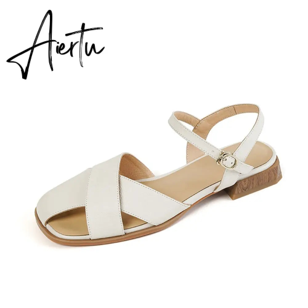 Aiertu  Women Sandals Office Ladies Casual Pumps Concise Fashion Genuine Leather Low Heels Basic Shoes Woman Summer  New Arrival Aiertu