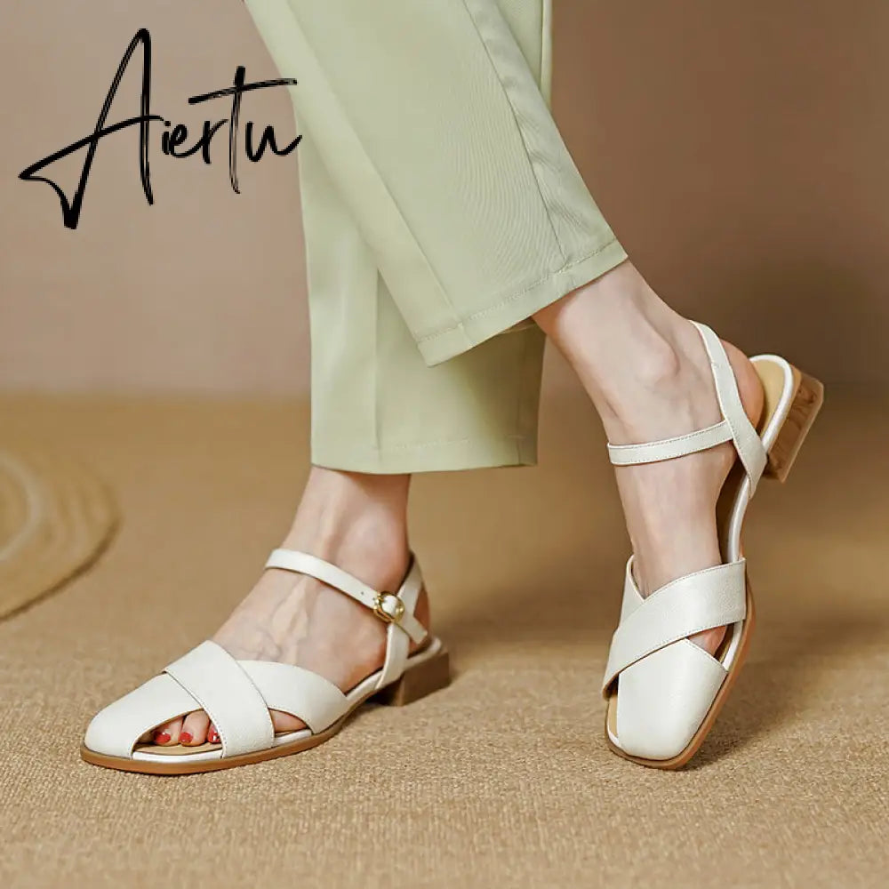 Aiertu  Women Sandals Office Ladies Casual Pumps Concise Fashion Genuine Leather Low Heels Basic Shoes Woman Summer  New Arrival Aiertu