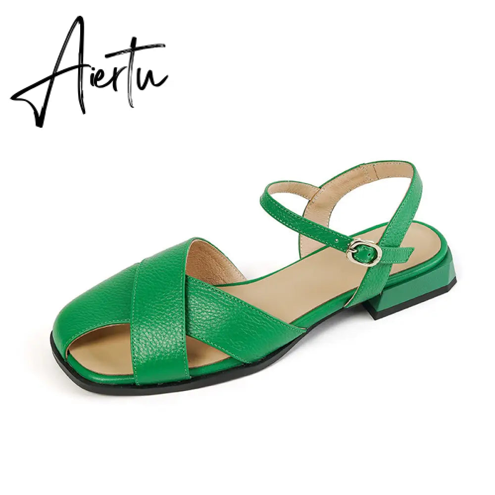 Aiertu  Women Sandals Office Ladies Casual Pumps Concise Fashion Genuine Leather Low Heels Basic Shoes Woman Summer  New Arrival Aiertu