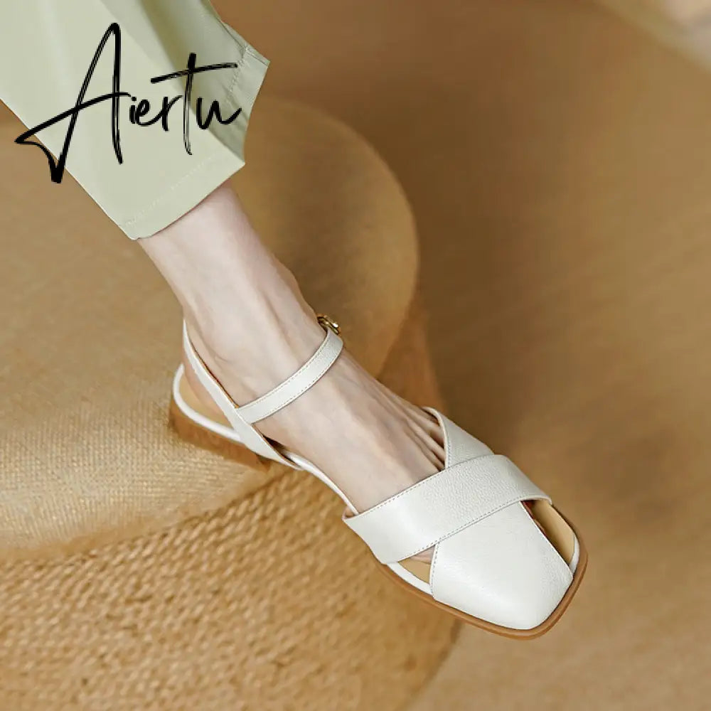 Aiertu  Women Sandals Office Ladies Casual Pumps Concise Fashion Genuine Leather Low Heels Basic Shoes Woman Summer  New Arrival Aiertu