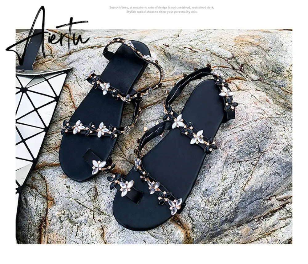Aiertu Women Sandals Summer Shoes Flat Pearl Sandals Comfortable String Bead Slippers Women Casual Sandals Size 34 - 43 Aiertu