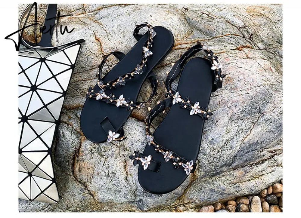 Aiertu Women Sandals Summer Shoes Flat Pearl Sandals Comfortable String Bead Slippers Women Casual Sandals Size 34 - 43 Aiertu