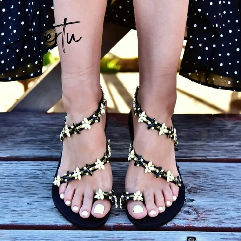 Aiertu Women Sandals Summer Shoes Flat Pearl Sandals Comfortable String Bead Slippers Women Casual Sandals Size 34 - 43 Aiertu