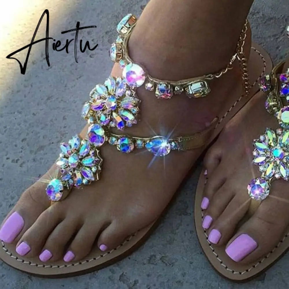 Aiertu Women Sandals Summer Shoes Flat Pearl Sandals Comfortable String Bead Slippers Women Casual Sandals Size 34 - 43 Aiertu