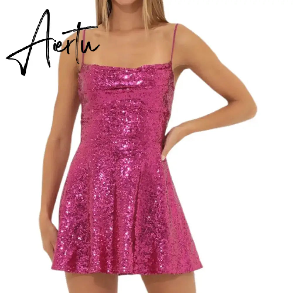 Aiertu Women Sequins Sling Mini Dress Evening Party Summer Clothes Luxury Sleeveless Backless Bandage A-Line Dress Sexy Club Aiertu