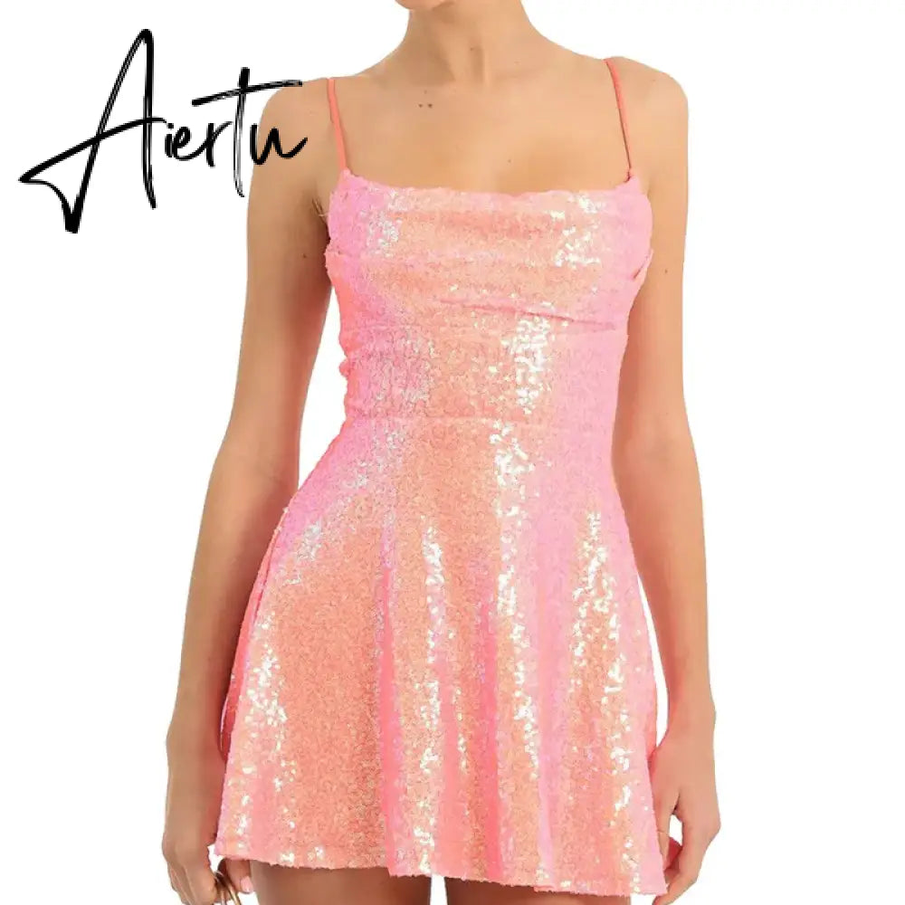 Aiertu Women Sequins Sling Mini Dress Evening Party Summer Clothes Luxury Sleeveless Backless Bandage A-Line Dress Sexy Club Aiertu