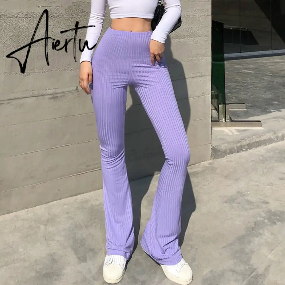 Aiertu Women Sexy Close-fitting Flared Pants, Solid Color High Waist Trousers Aiertu