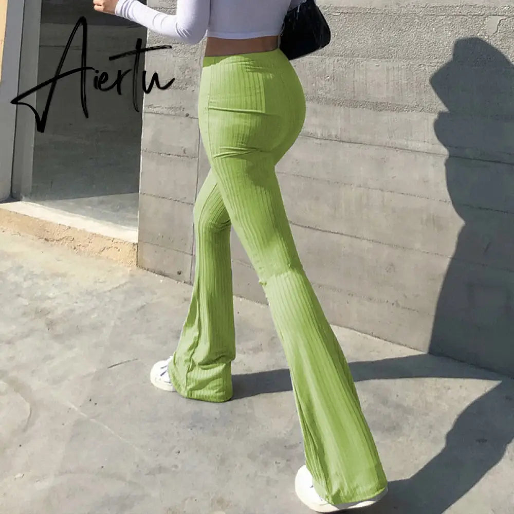 Aiertu Women Sexy Close-fitting Flared Pants, Solid Color High Waist Trousers Aiertu