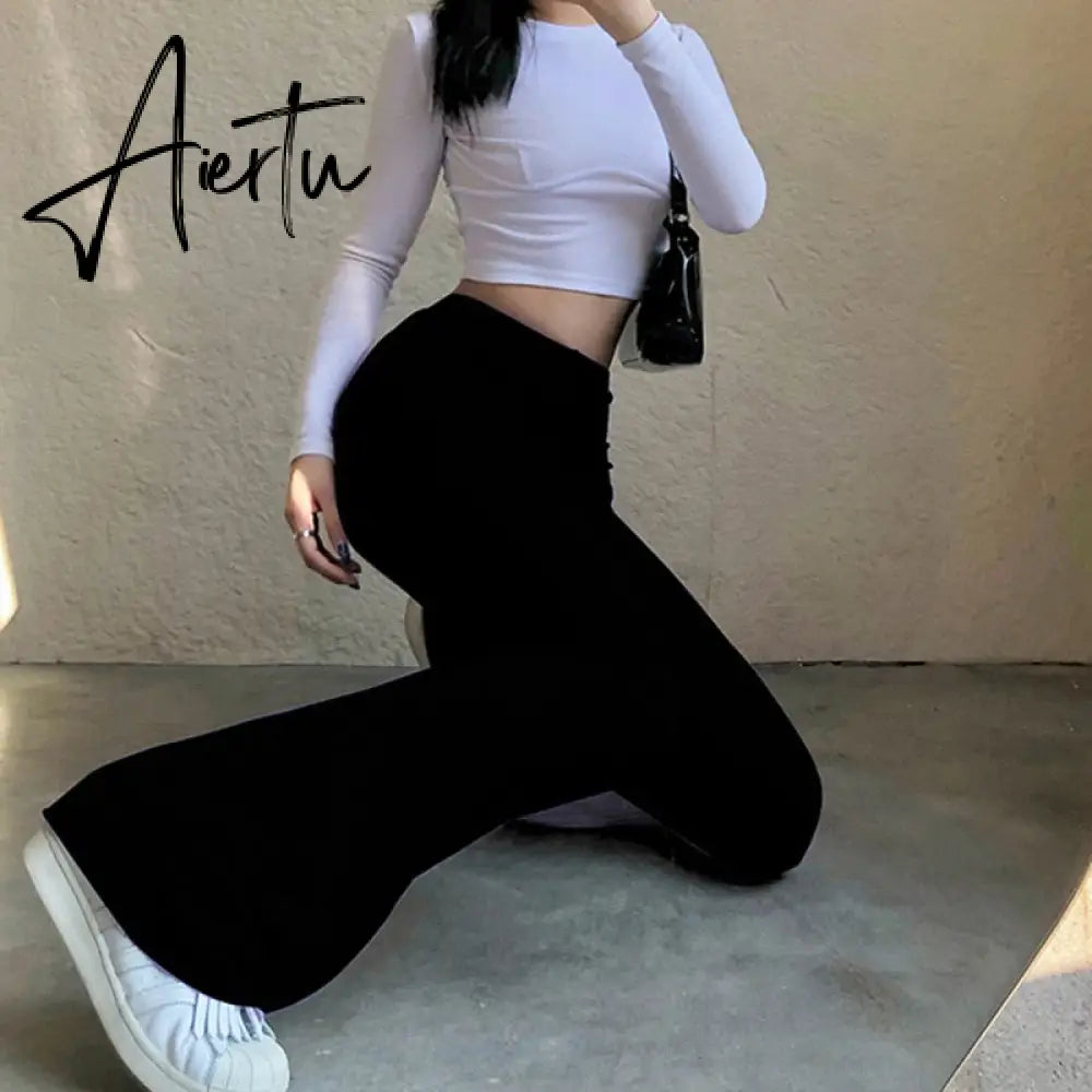 Aiertu Women Sexy Close-fitting Flared Pants, Solid Color High Waist Trousers Aiertu