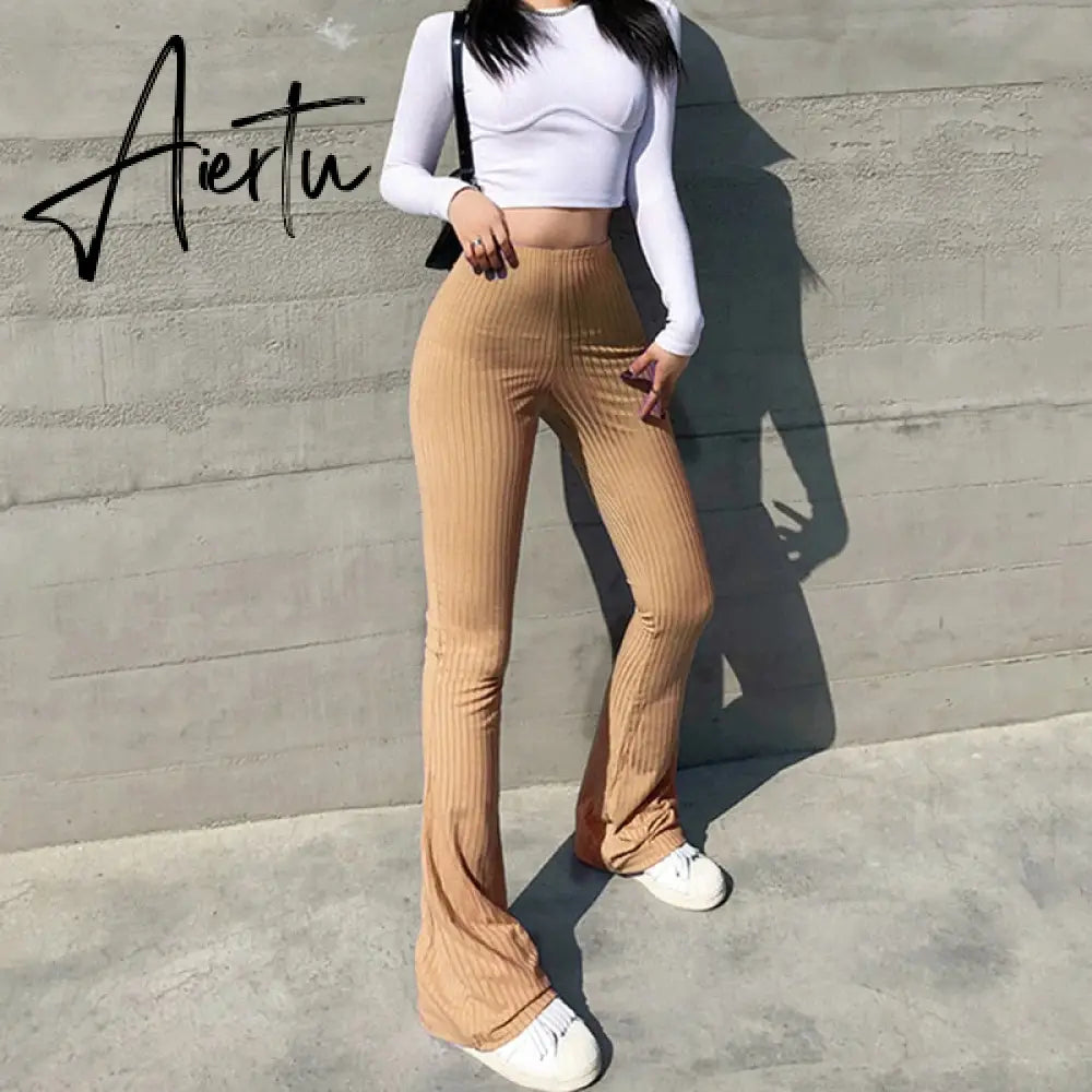 Aiertu Women Sexy Close-fitting Flared Pants, Solid Color High Waist Trousers Aiertu