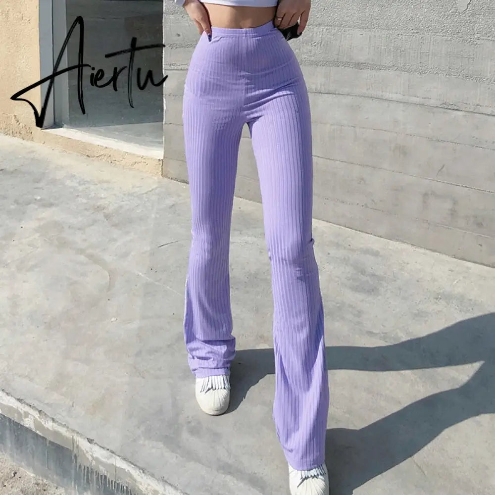 Aiertu Women Sexy Close-fitting Flared Pants, Solid Color High Waist Trousers Aiertu