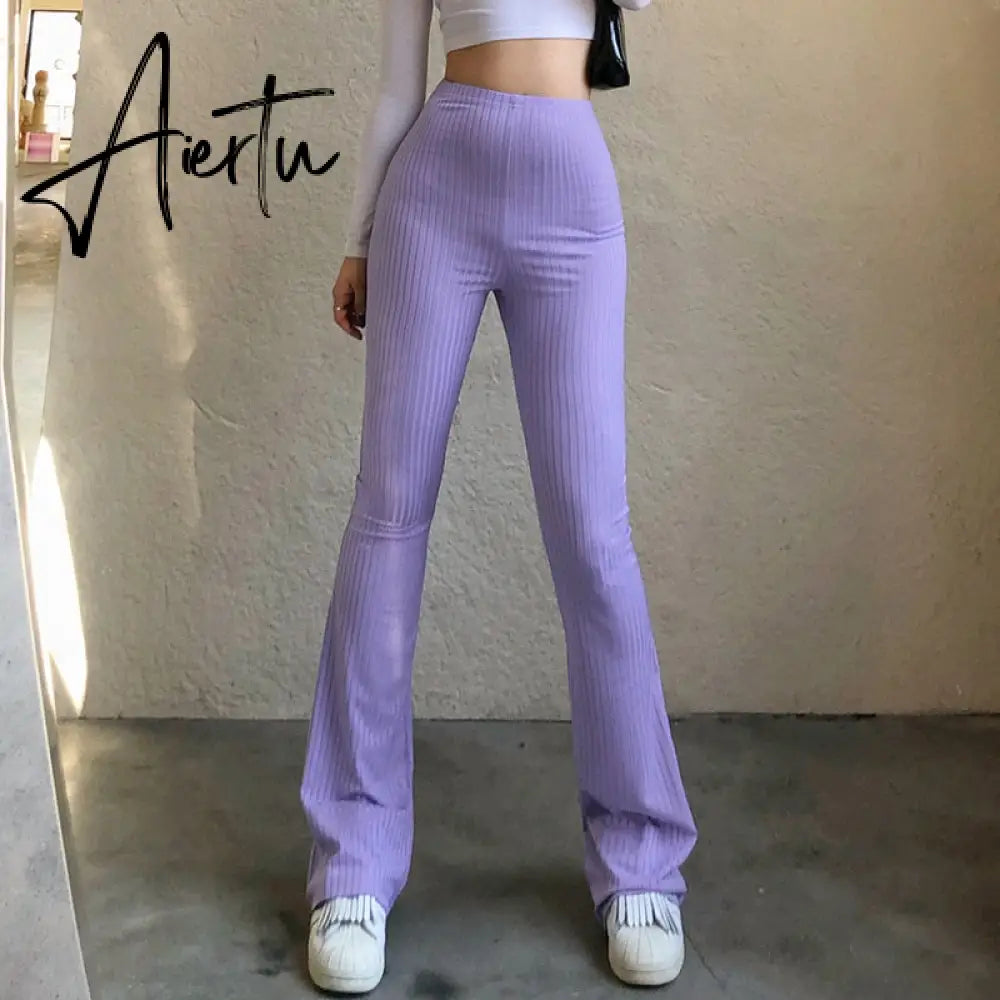 Aiertu Women Sexy Close-fitting Flared Pants, Solid Color High Waist Trousers Aiertu