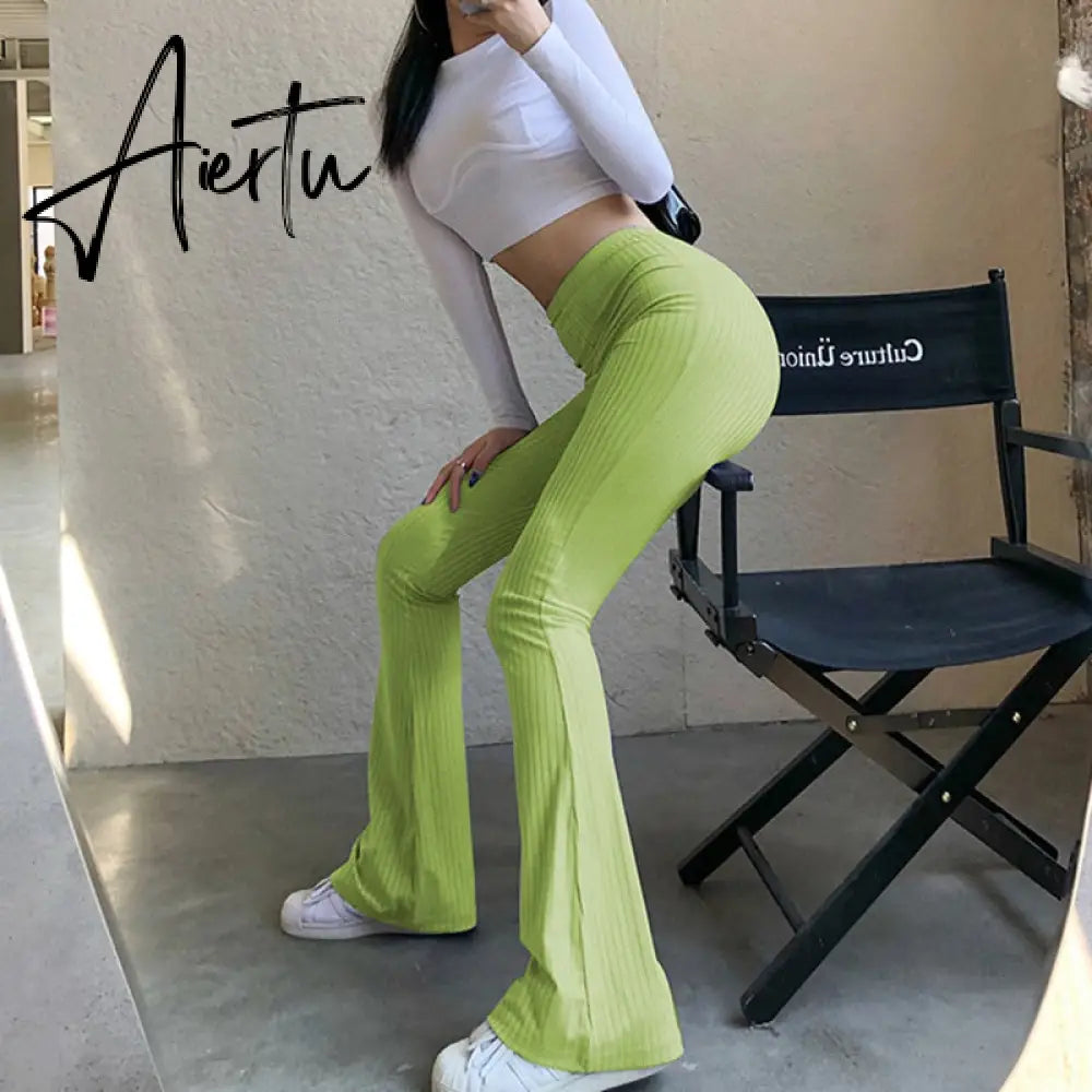 Aiertu Women Sexy Close-fitting Flared Pants, Solid Color High Waist Trousers Aiertu