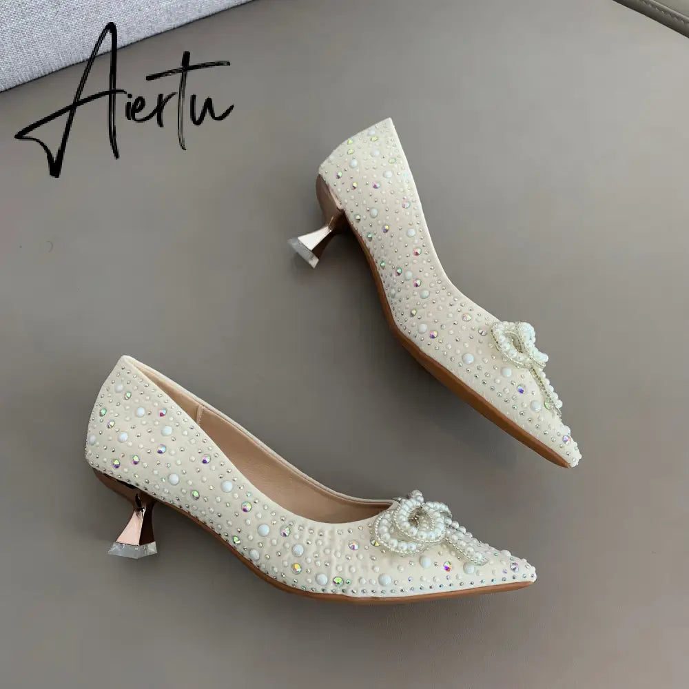 Aiertu  Women Shoes High Heels Thin Heels Slip on Luxury Pumps Mules Elegant Designer Shoes Knot Pointed Toe Fashion Ladies for Wedding Aiertu