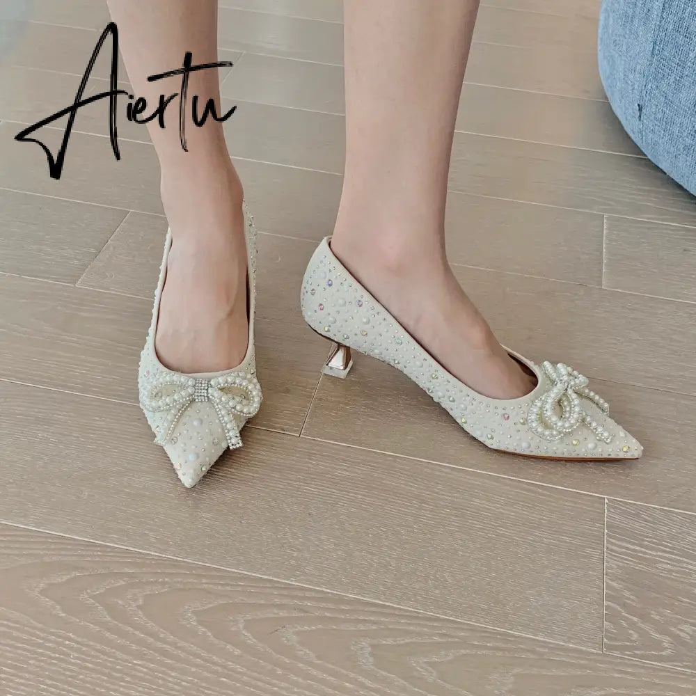 Aiertu  Women Shoes High Heels Thin Heels Slip on Luxury Pumps Mules Elegant Designer Shoes Knot Pointed Toe Fashion Ladies for Wedding Aiertu