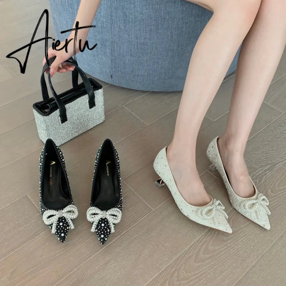 Aiertu  Women Shoes High Heels Thin Heels Slip on Luxury Pumps Mules Elegant Designer Shoes Knot Pointed Toe Fashion Ladies for Wedding Aiertu