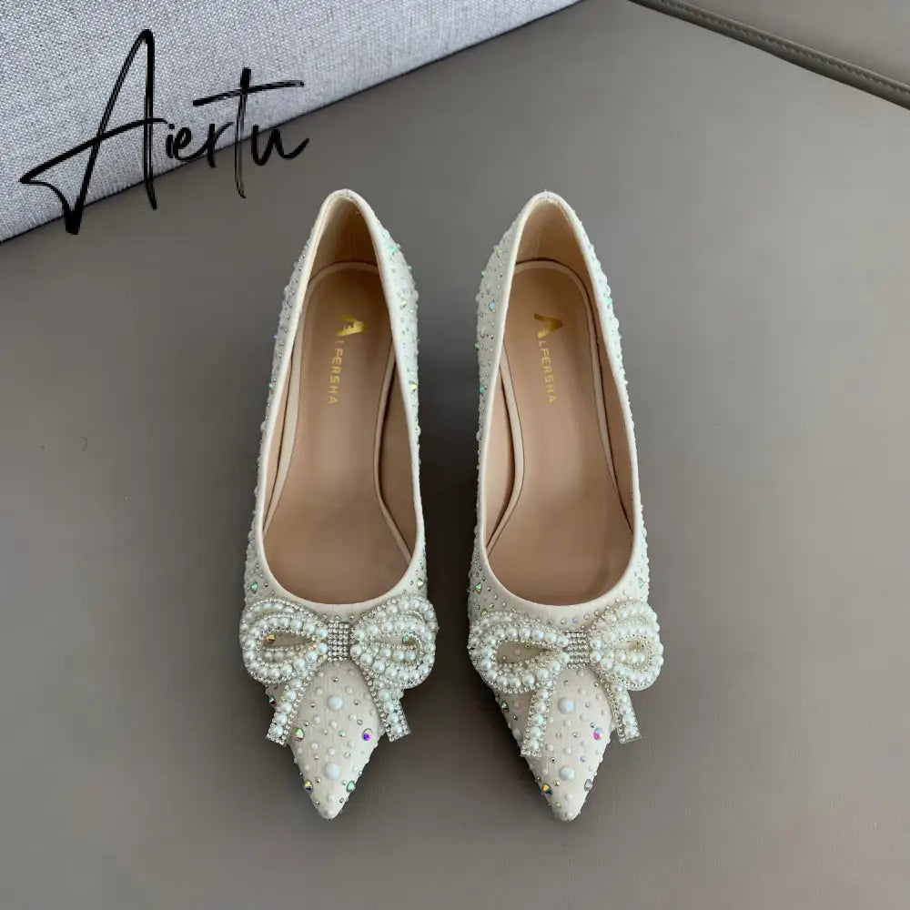 Aiertu  Women Shoes High Heels Thin Heels Slip on Luxury Pumps Mules Elegant Designer Shoes Knot Pointed Toe Fashion Ladies for Wedding Aiertu