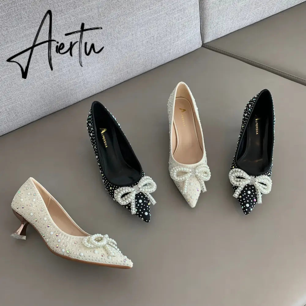 Aiertu  Women Shoes High Heels Thin Heels Slip on Luxury Pumps Mules Elegant Designer Shoes Knot Pointed Toe Fashion Ladies for Wedding Aiertu