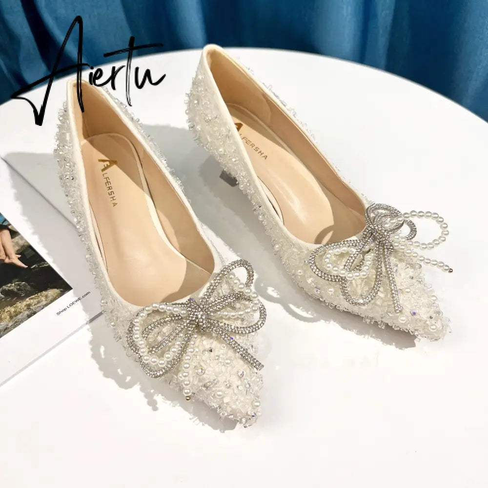 Aiertu  Women Shoes High Heels Thin Heels Slip on Luxury Pumps Mules Elegant Designer Shoes Knot Pointed Toe Fashion Ladies for Wedding Aiertu