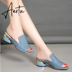 Aiertu Women Shoes Red Sexy Soft Leather Female Flipflop Slippers Summer Fashion Heels Slides Shoes For Girls Comfortable Sandals Aiertu