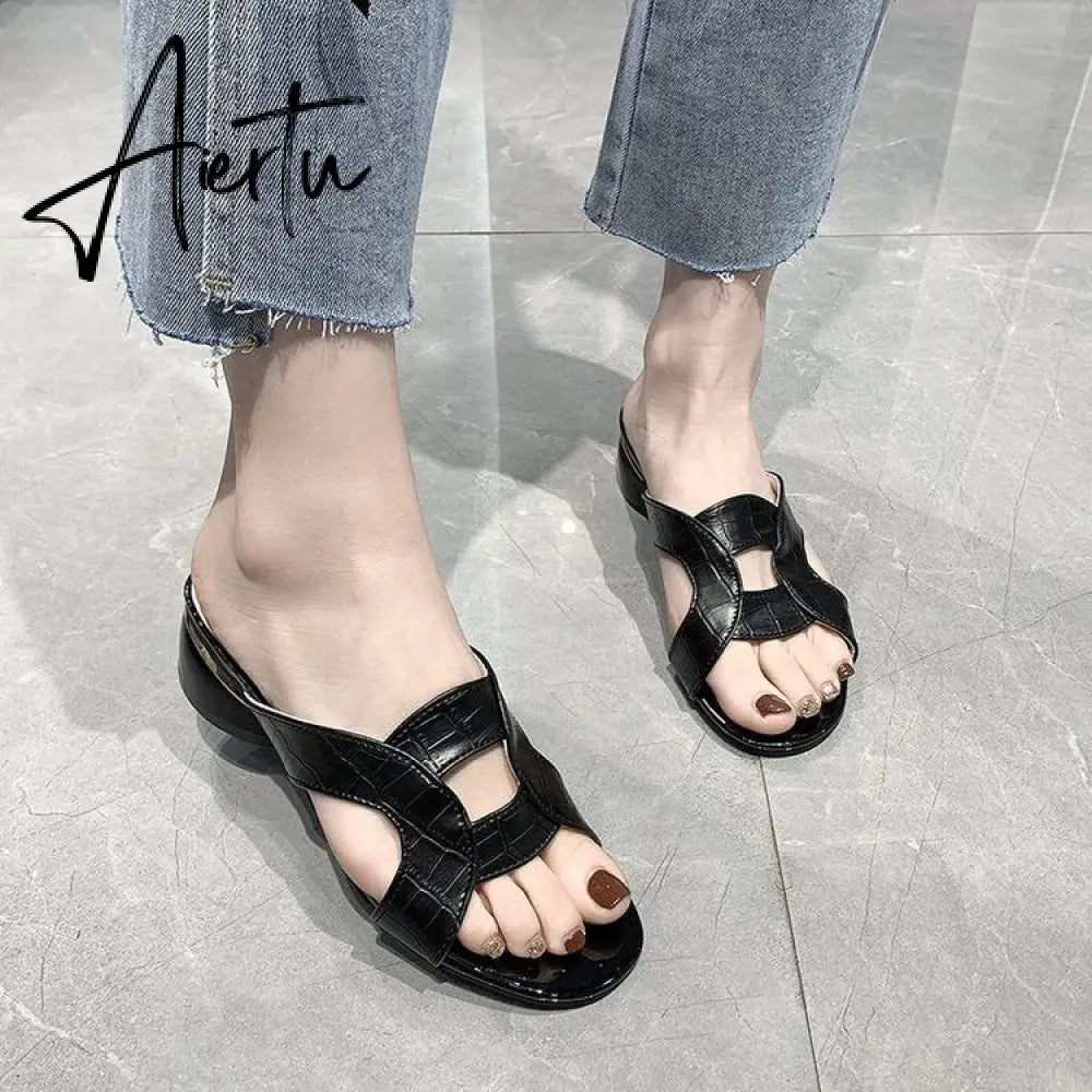 Aiertu Women Shoes Red Sexy Soft Leather Female Flipflop Slippers Summer Fashion Heels Slides Shoes For Girls Comfortable Sandals Aiertu