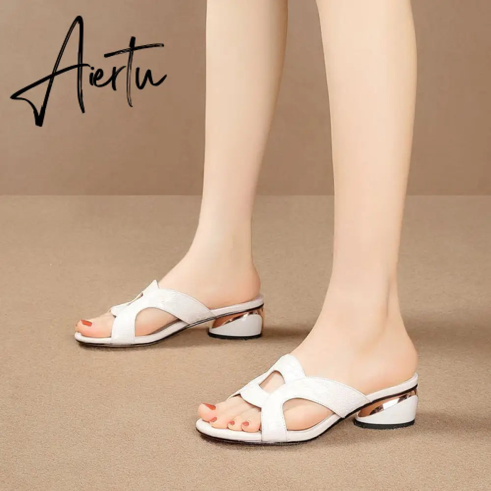 Aiertu Women Shoes Red Sexy Soft Leather Female Flipflop Slippers Summer Fashion Heels Slides Shoes For Girls Comfortable Sandals Aiertu