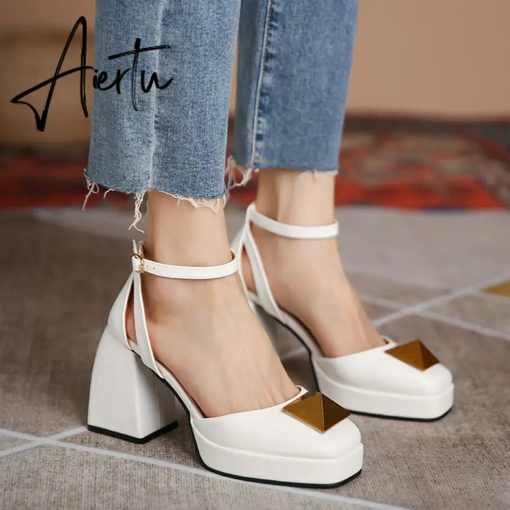 Aiertu Women Shoes Summer  Leather Thick High Heels Platform Shoes Black Beige Sweet Dress Party Wedding Mary Janes Pumps Aiertu