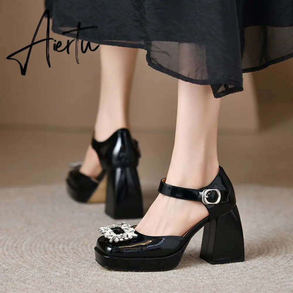 Aiertu Women Shoes Summer  Leather Thick High Heels Platform Shoes Black Beige Sweet Dress Party Wedding Mary Janes Pumps Aiertu