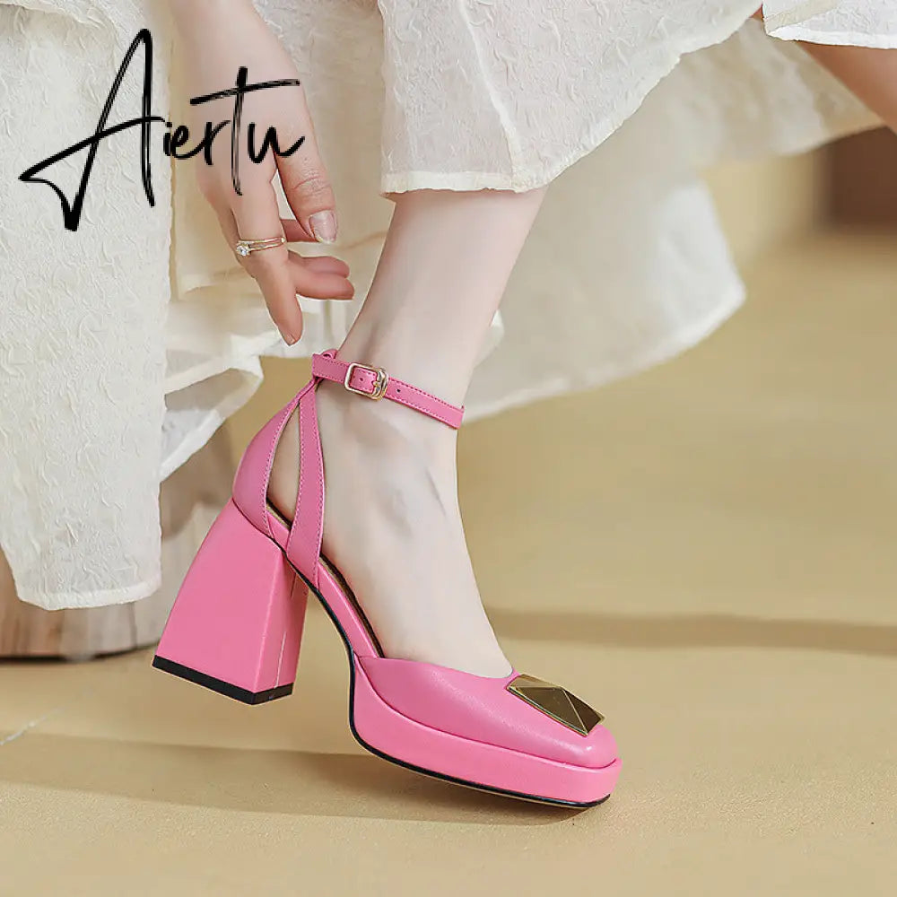Aiertu Women Shoes Summer  Leather Thick High Heels Platform Shoes Black Beige Sweet Dress Party Wedding Mary Janes Pumps Aiertu