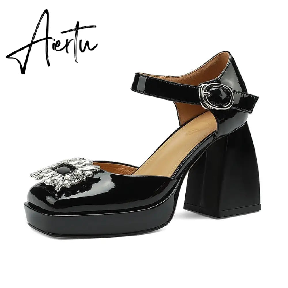Aiertu Women Shoes Summer  Leather Thick High Heels Platform Shoes Black Beige Sweet Dress Party Wedding Mary Janes Pumps Aiertu