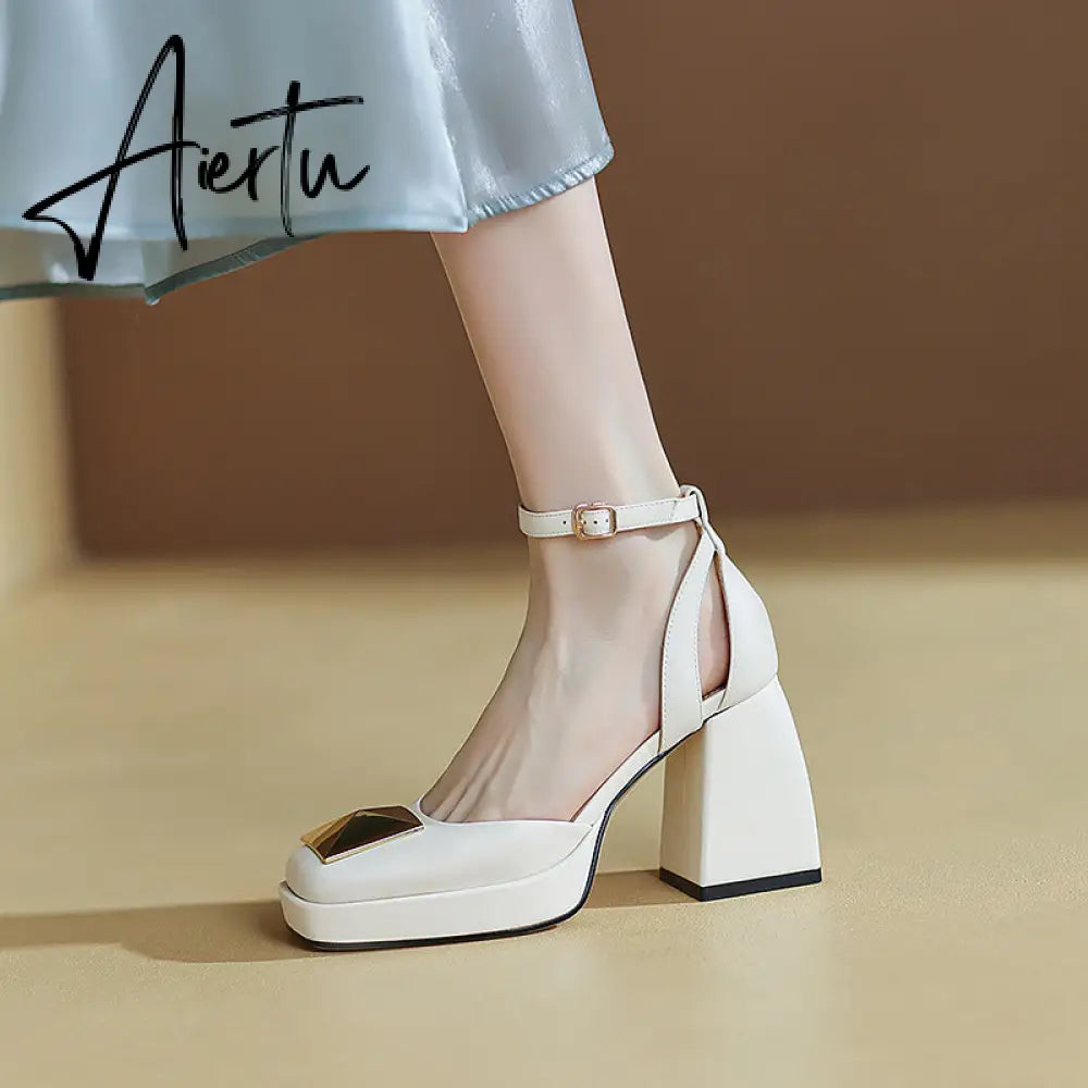 Aiertu Women Shoes Summer  Leather Thick High Heels Platform Shoes Black Beige Sweet Dress Party Wedding Mary Janes Pumps Aiertu