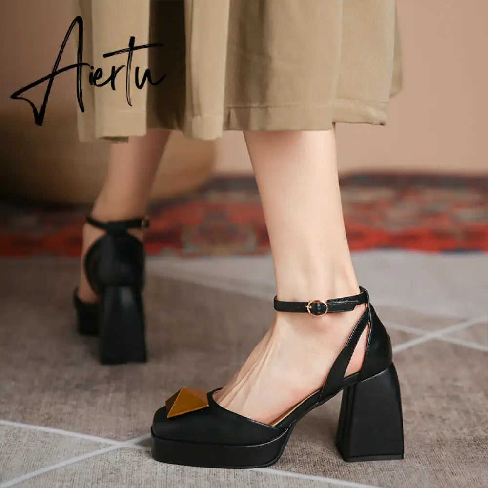 Aiertu Women Shoes Summer  Leather Thick High Heels Platform Shoes Black Beige Sweet Dress Party Wedding Mary Janes Pumps Aiertu