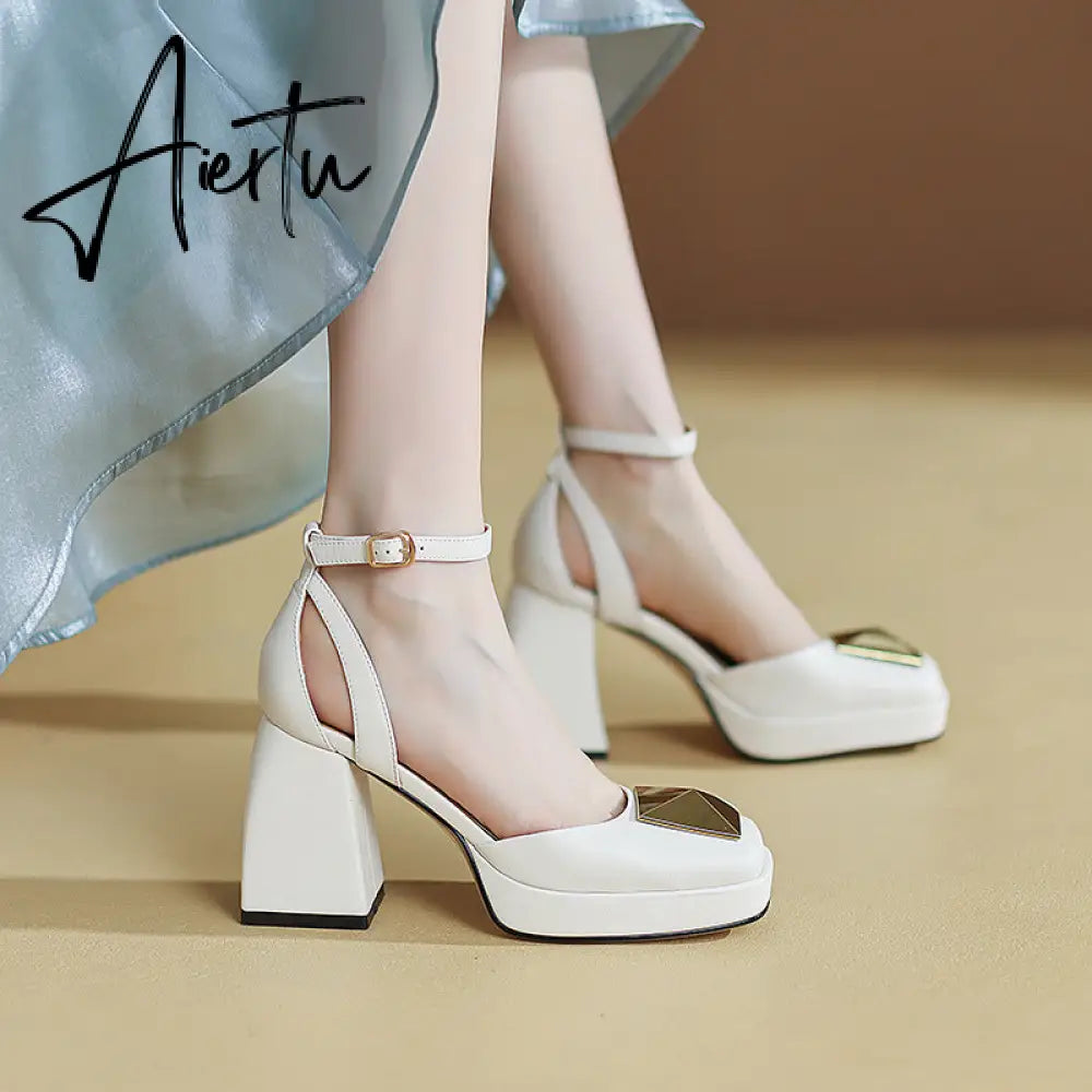 Aiertu Women Shoes Summer  Leather Thick High Heels Platform Shoes Black Beige Sweet Dress Party Wedding Mary Janes Pumps Aiertu