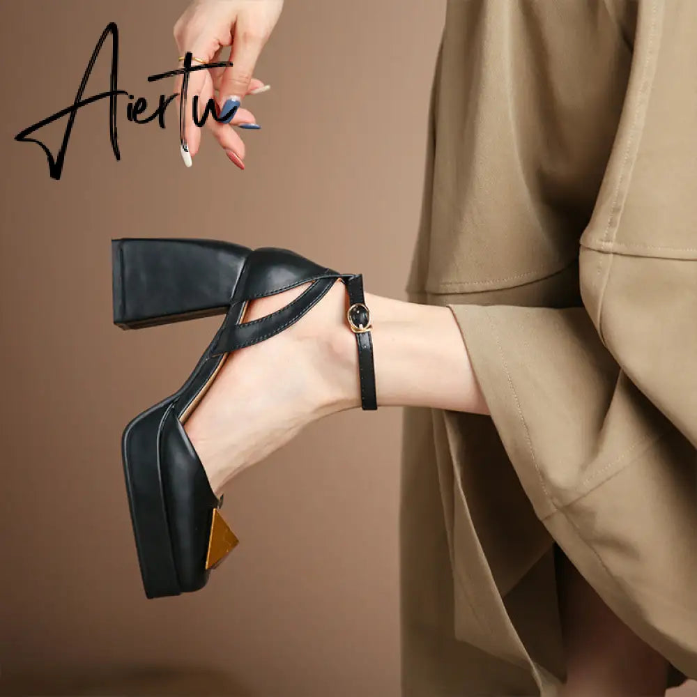Aiertu Women Shoes Summer  Leather Thick High Heels Platform Shoes Black Beige Sweet Dress Party Wedding Mary Janes Pumps Aiertu