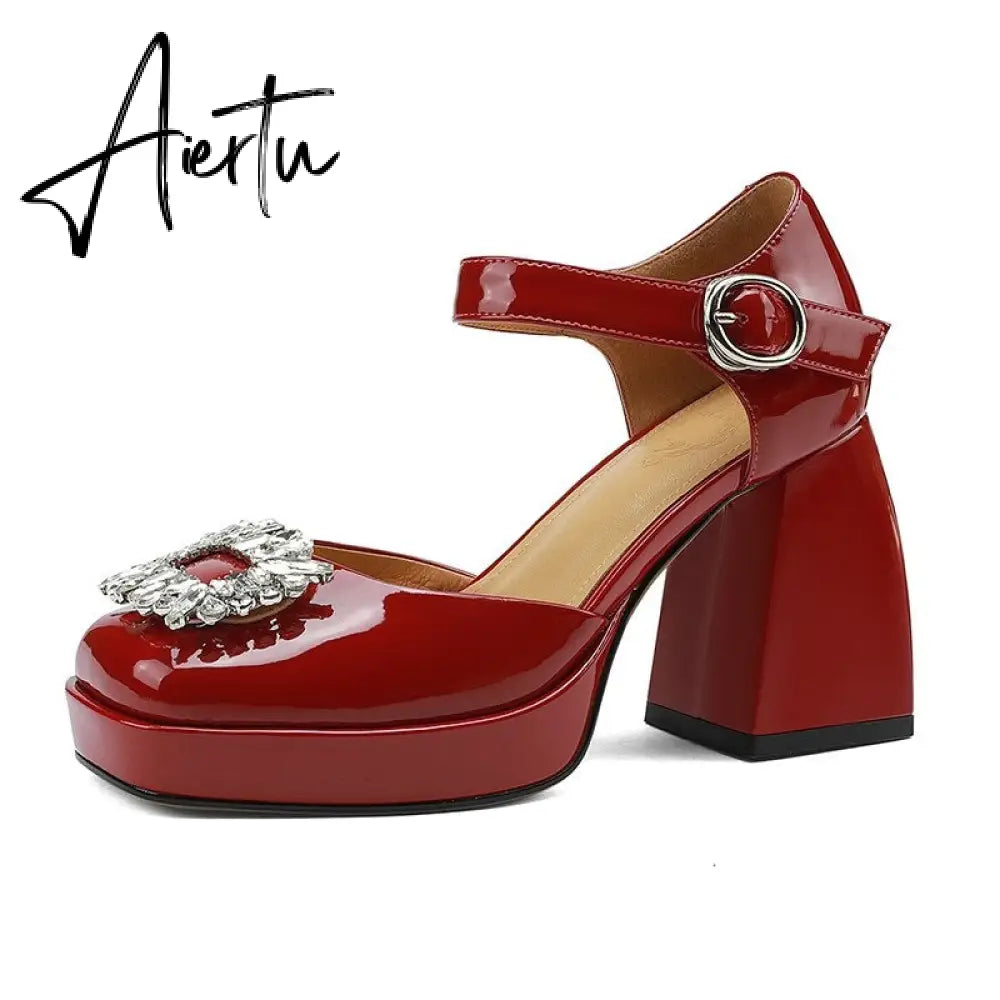 Aiertu Women Shoes Summer  Leather Thick High Heels Platform Shoes Black Beige Sweet Dress Party Wedding Mary Janes Pumps Aiertu