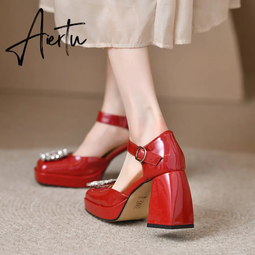 Aiertu Women Shoes Summer  Leather Thick High Heels Platform Shoes Black Beige Sweet Dress Party Wedding Mary Janes Pumps Aiertu