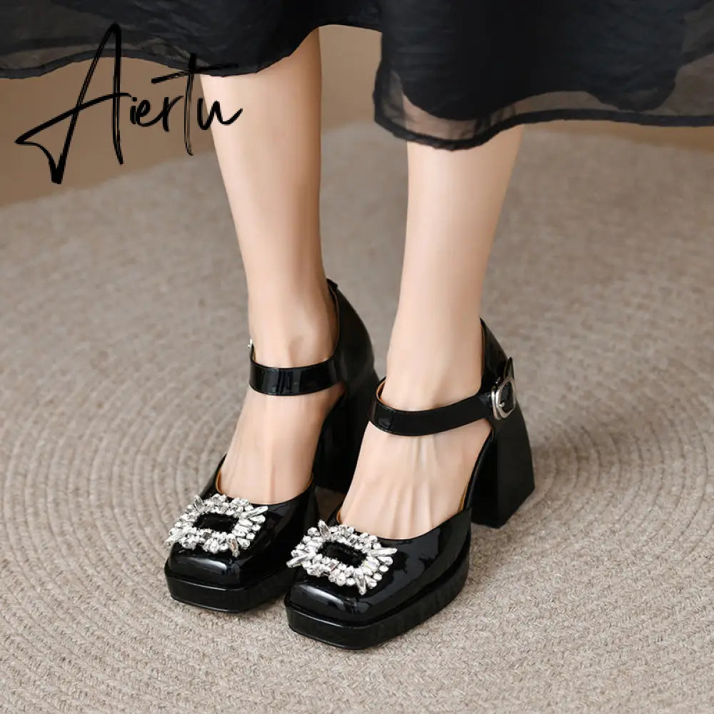 Aiertu Women Shoes Summer  Leather Thick High Heels Platform Shoes Black Beige Sweet Dress Party Wedding Mary Janes Pumps Aiertu