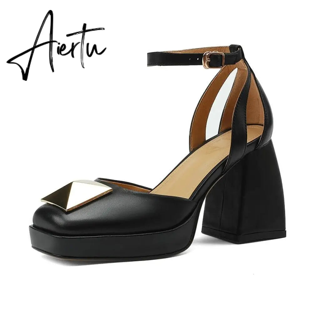Aiertu Women Shoes Summer  Leather Thick High Heels Platform Shoes Black Beige Sweet Dress Party Wedding Mary Janes Pumps Aiertu