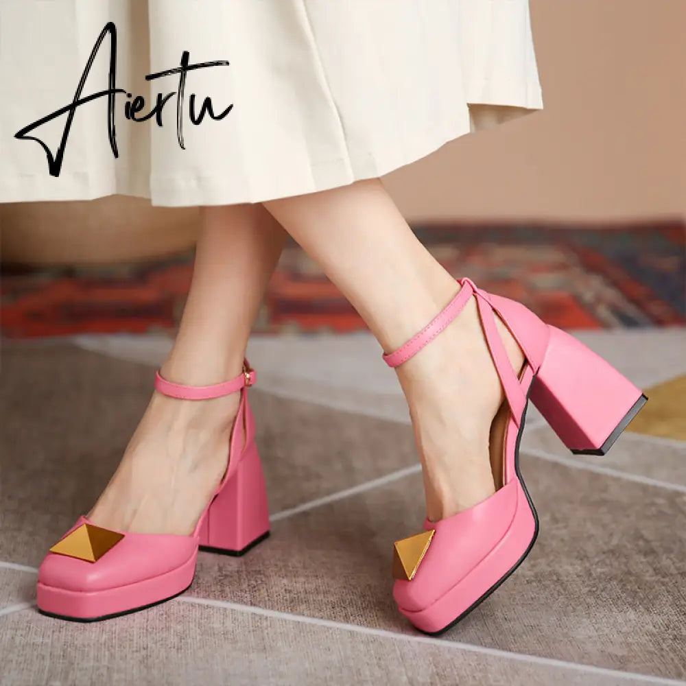 Aiertu Women Shoes Summer  Leather Thick High Heels Platform Shoes Black Beige Sweet Dress Party Wedding Mary Janes Pumps Aiertu