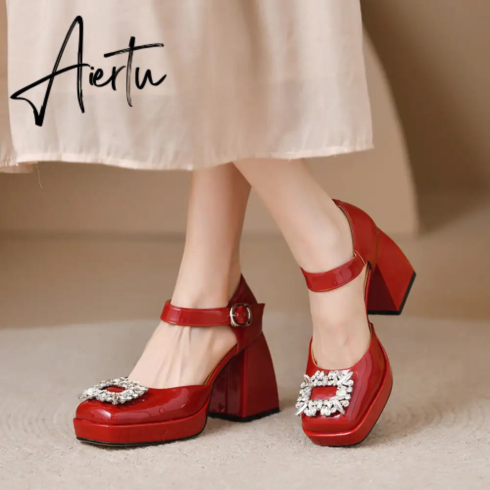 Aiertu Women Shoes Summer  Leather Thick High Heels Platform Shoes Black Beige Sweet Dress Party Wedding Mary Janes Pumps Aiertu