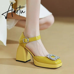 Aiertu Women Shoes Summer  Leather Thick High Heels Platform Shoes Black Beige Sweet Dress Party Wedding Mary Janes Pumps Aiertu