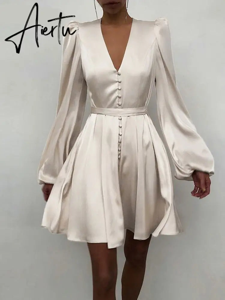 Aiertu Women Silk Dress Celmia Satin Mini Robe Summer Elegant Party Wrap Evening Dress Long Lantern Sleeve V Neck Solid Vestidos Aiertu