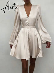 Aiertu Women Silk Dress Celmia Satin Mini Robe Summer Elegant Party Wrap Evening Dress Long Lantern Sleeve V Neck Solid Vestidos Aiertu