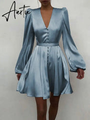 Aiertu Women Silk Dress Celmia Satin Mini Robe Summer Elegant Party Wrap Evening Dress Long Lantern Sleeve V Neck Solid Vestidos Aiertu