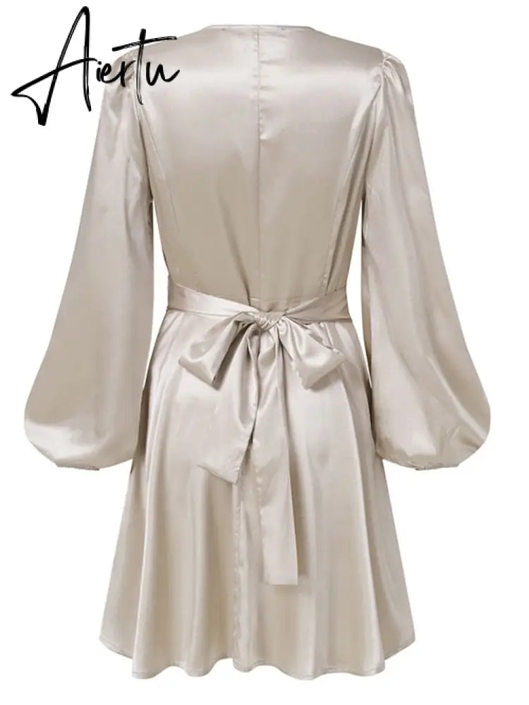Aiertu Women Silk Dress Celmia Satin Mini Robe Summer Elegant Party Wrap Evening Dress Long Lantern Sleeve V Neck Solid Vestidos Aiertu
