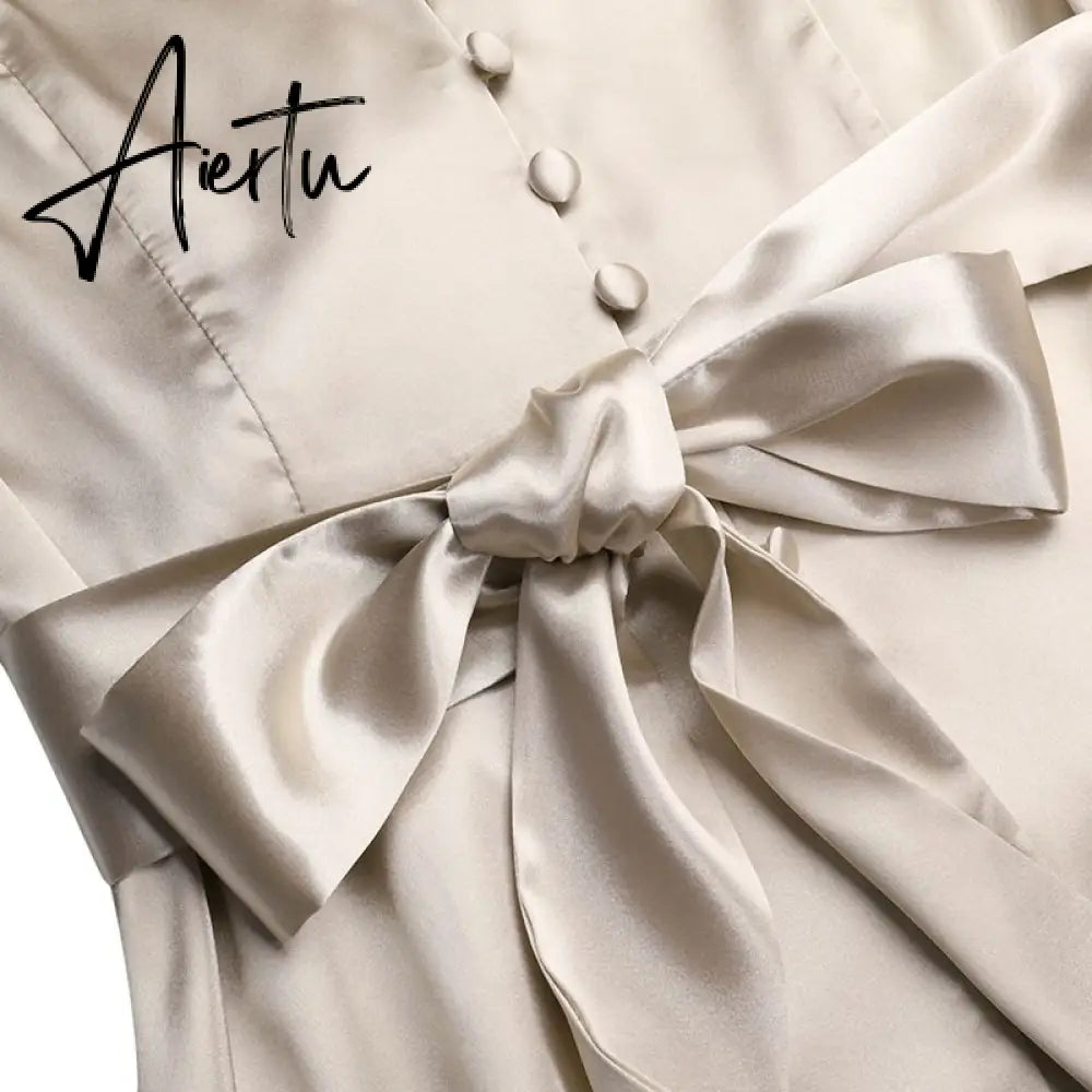 Aiertu Women Silk Dress Celmia Satin Mini Robe Summer Elegant Party Wrap Evening Dress Long Lantern Sleeve V Neck Solid Vestidos Aiertu