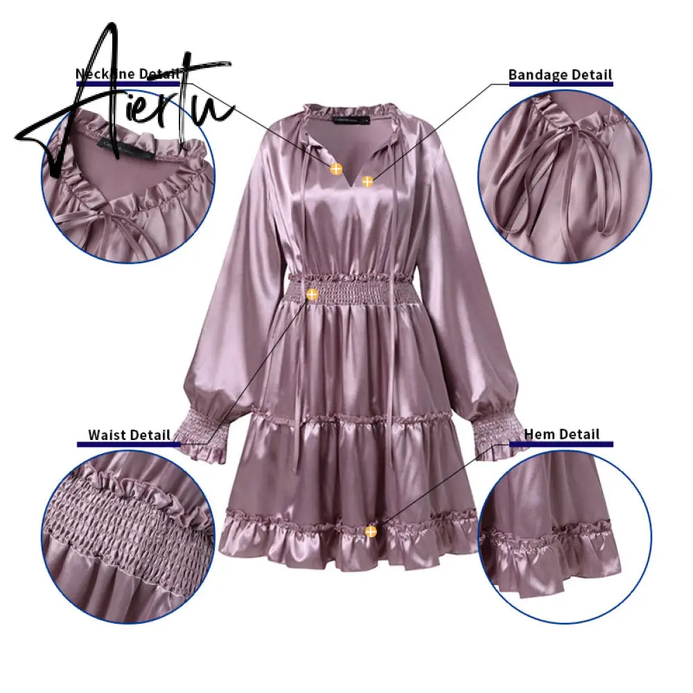 Aiertu Women Silk Dress Celmia Satin Mini Robe Summer Elegant Party Wrap Evening Dress Long Lantern Sleeve V Neck Solid Vestidos Aiertu