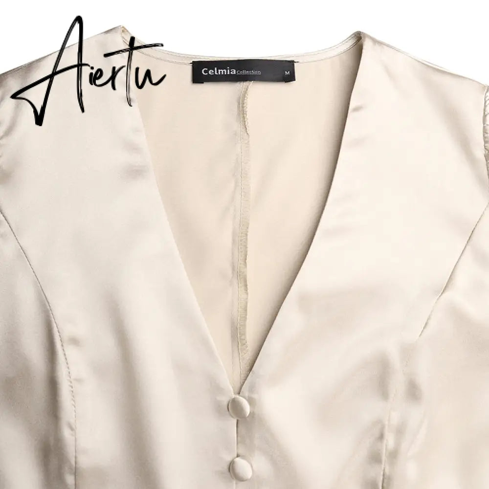Aiertu Women Silk Dress Celmia Satin Mini Robe Summer Elegant Party Wrap Evening Dress Long Lantern Sleeve V Neck Solid Vestidos Aiertu