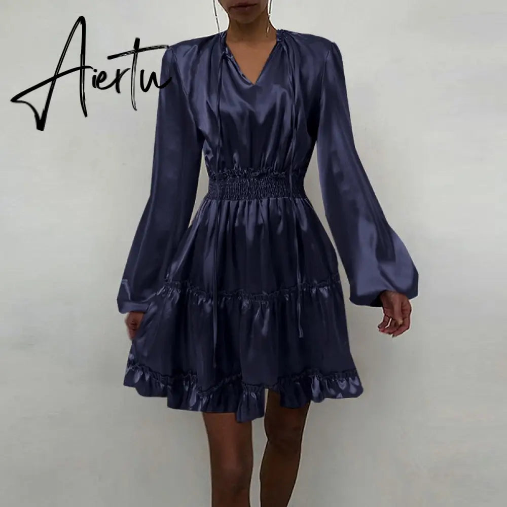 Aiertu Women Silk Dress Celmia Satin Mini Robe Summer Elegant Party Wrap Evening Dress Long Lantern Sleeve V Neck Solid Vestidos Aiertu