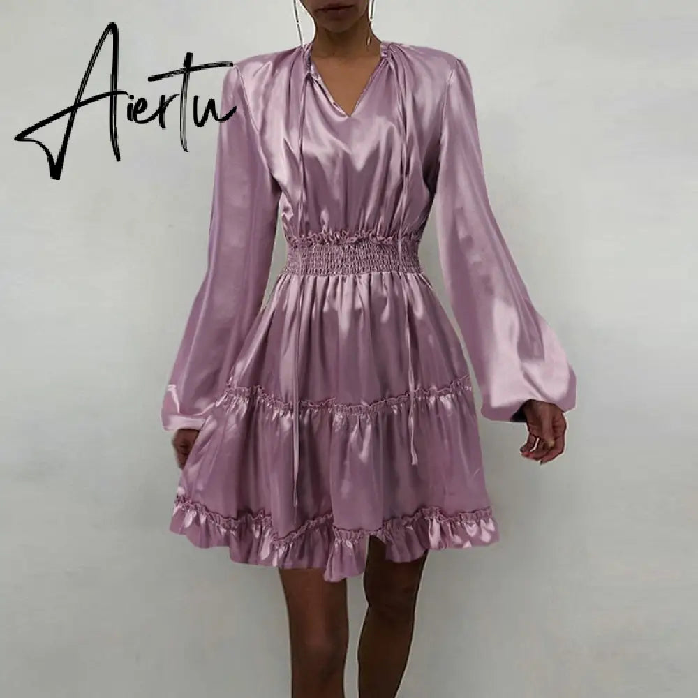 Aiertu Women Silk Dress Celmia Satin Mini Robe Summer Elegant Party Wrap Evening Dress Long Lantern Sleeve V Neck Solid Vestidos Aiertu